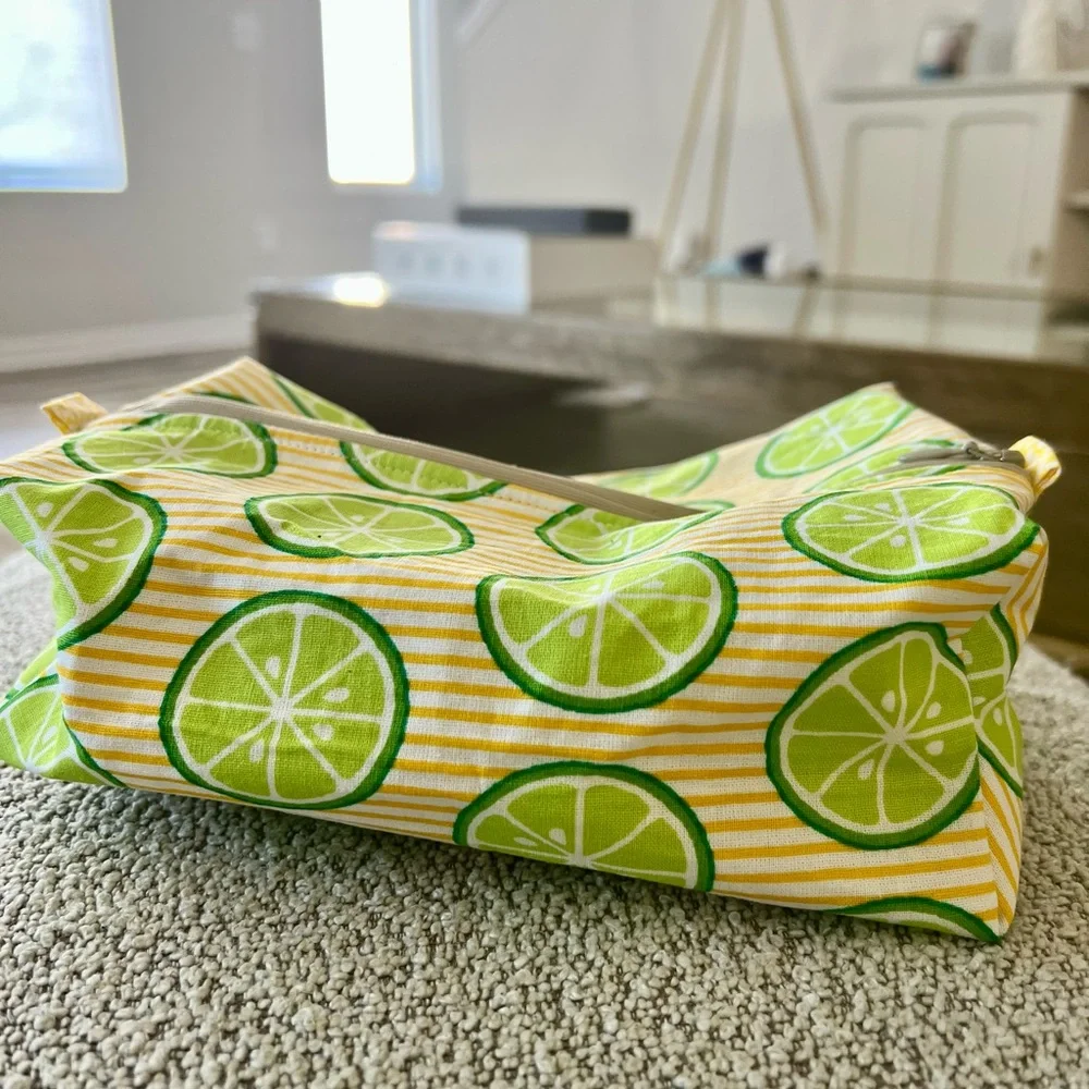 Lime Print Yellow Stripe Canvas Cosmetic Bag